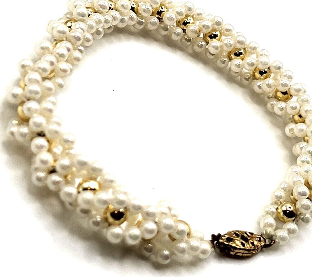 Vintage Woven Faux Pearl Beaded Bracelet 8in